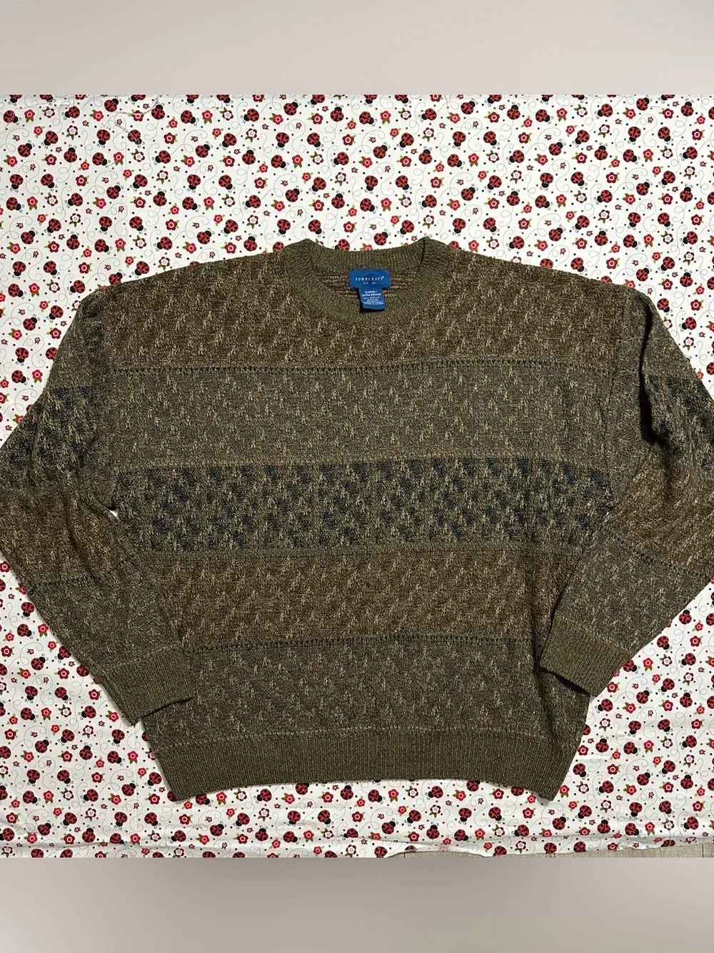 Vintage 90s Towncraft Textured Knit Grandpa Sweater Men XL Olive Brown Geometric